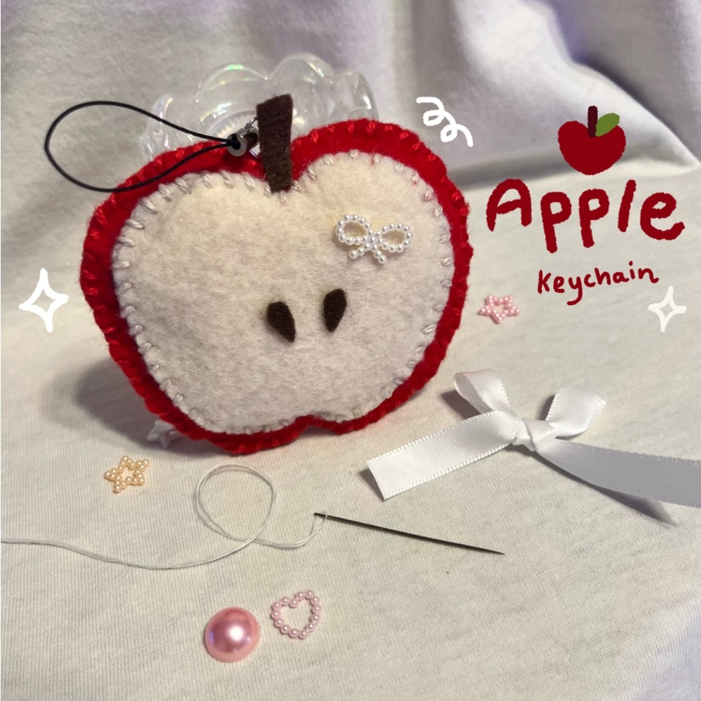 cute kawaii felt hand sewn apple plush fruit keychain with bow charm